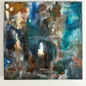 Abstract mixed media artwork titled Abyssal Depth featuring layered dark textures and organic geological forms