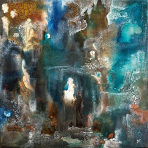 Abstract mixed media artwork titled Abyssal Depth featuring layered dark textures and organic geological forms